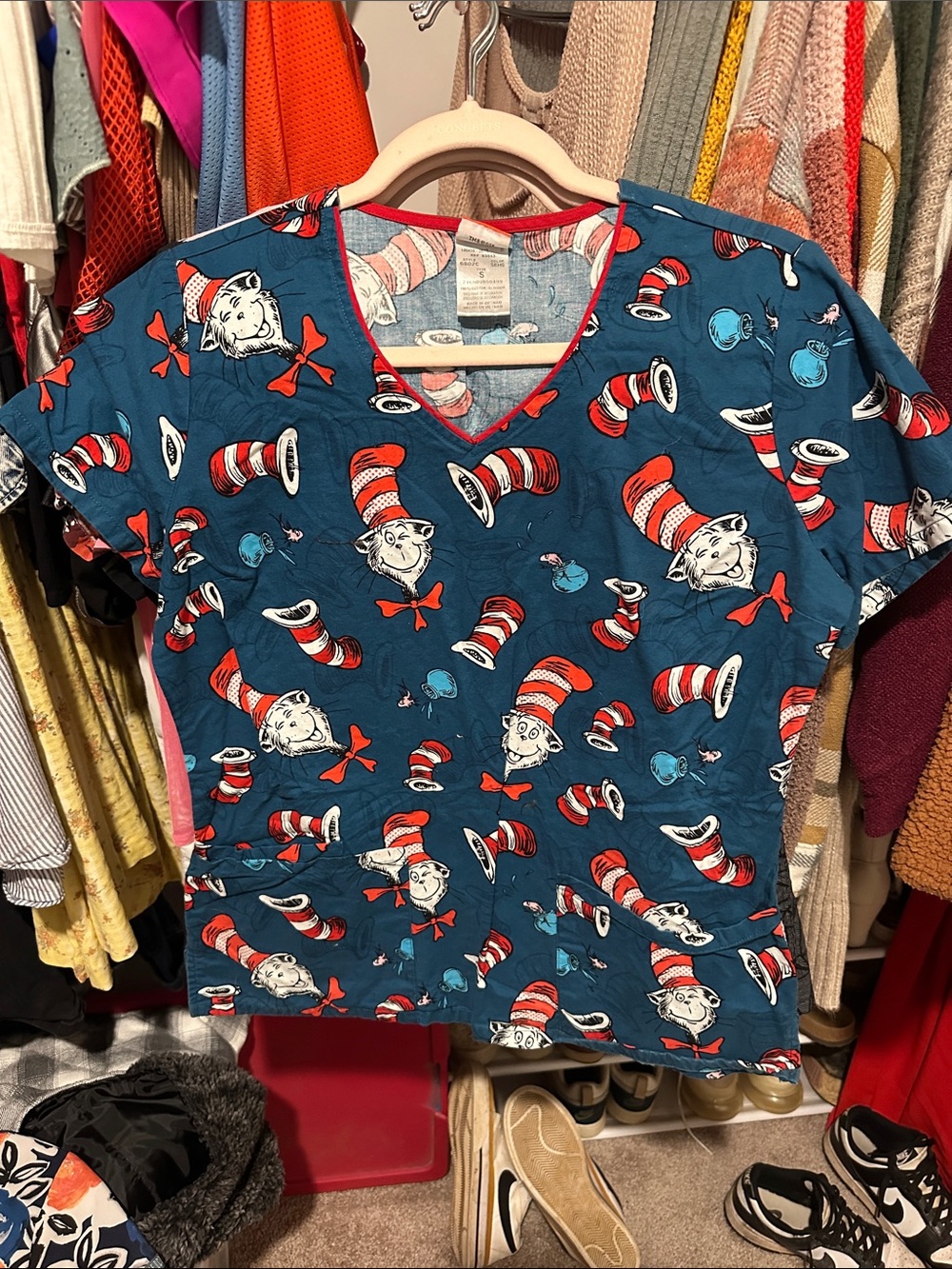 Dr. Seuss Teal Scrub Top with Red & White Cat in the Hat Motif